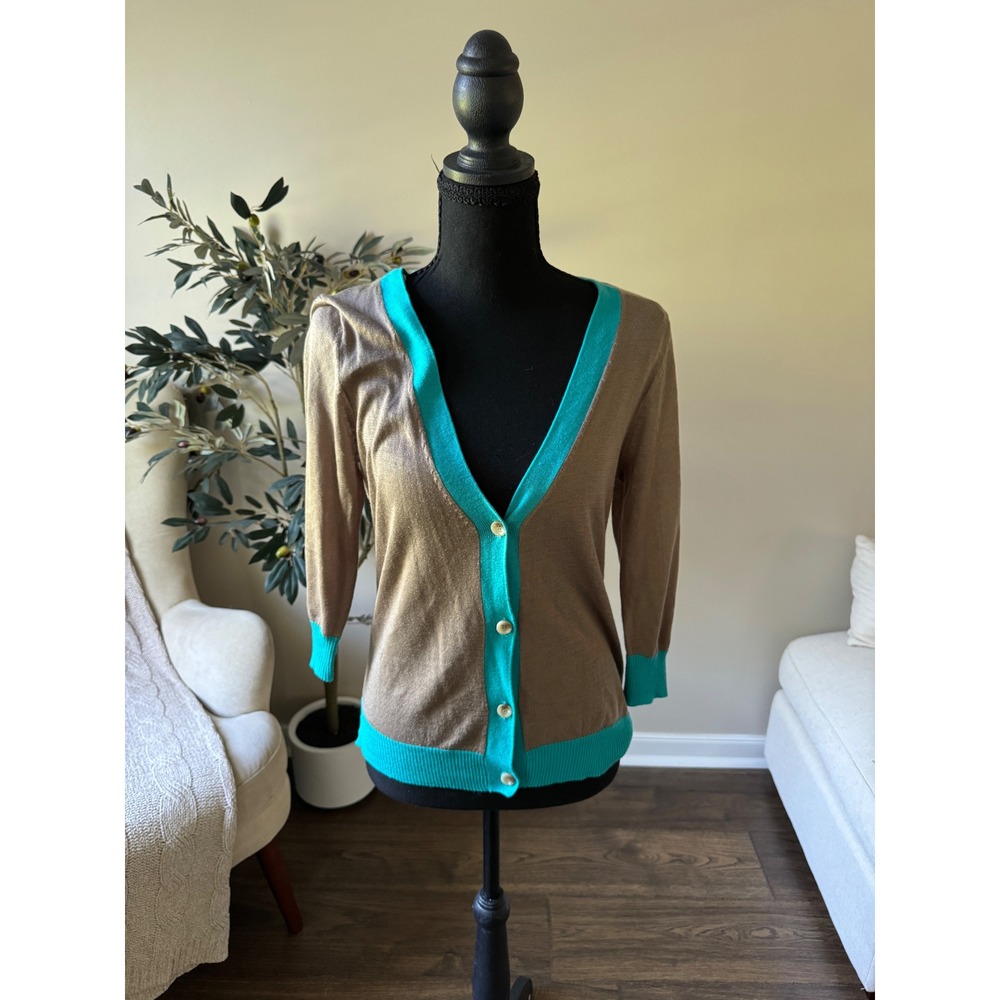 Love By Design Cardigan Sweater Brown Turquoise Colorblock V-Neck L 3/4 Sleeve